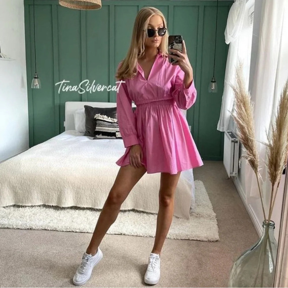 Zara Barbie Pink Short Dress. Poplin Mini Shirt Dress. Medium - Picture 5 of 12